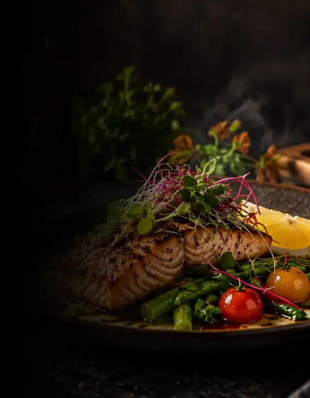 Plated dish, dark cinematic styling